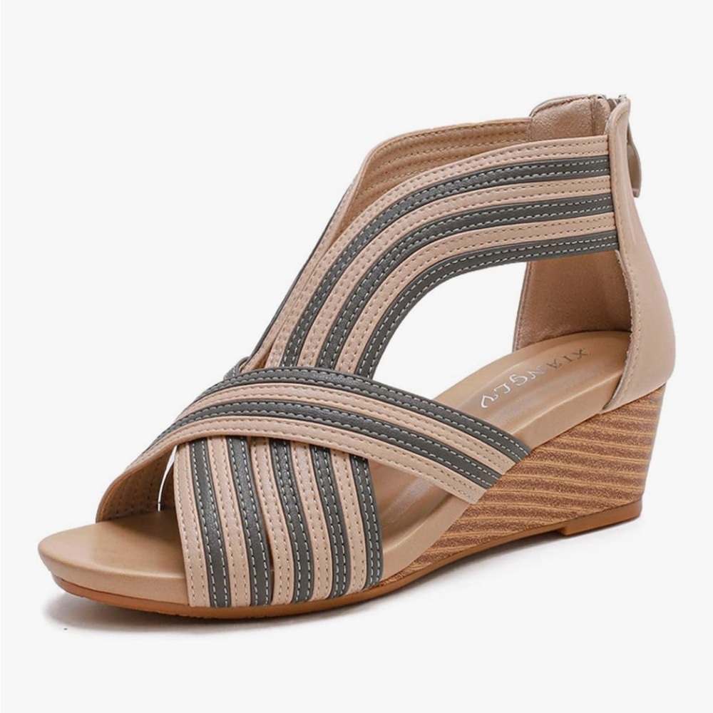 Gladiator Retro Sandals with Open Toe & Wedge Heel, Tan and Gray Color Stripes